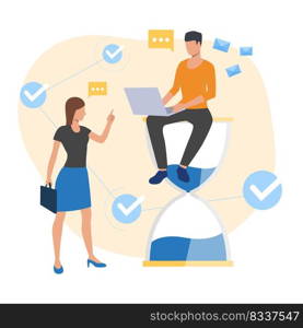 Employee sitting on sandglass and working. Computer, boss, customer. Time concept. Vector illustration for topics like time management, deadline, communication