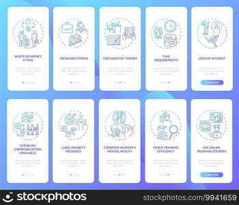 Employee training and tutoring onboarding mobile app page screen with concepts set. Office workers reboarding walkthrough 5 steps graphic instructions. UI vector template with RGB color illustrations. Employee training and tutoring onboarding mobile app page screen with concepts set