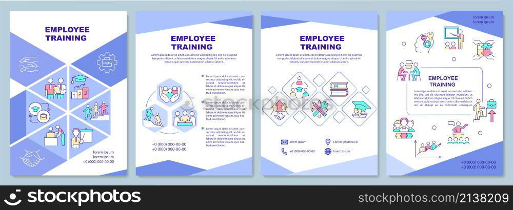 Employee training brochure template. HR department. Booklet print design with linear icons. Vector layouts for presentation, annual reports, ads. Arial-Black, Myriad Pro-Regular fonts used. Employee training brochure template