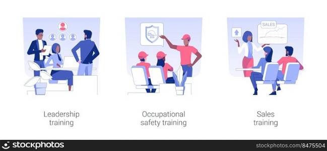 Employee training isolated concept vector illustration set. Leadership training program, occupational safety course, sales coaching, corporate business education, office lifestyle vector cartoon.. Employee training isolated concept vector illustrations.