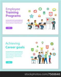 Employee training programs and achieving career goals web pages vector. People working with laptop and discussing strategy, workers holding award vector. Training Programs and Workteam Achieving Vector