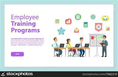 Employee training programs website, workers sitting at table with laptop and listening man near board, teamwork discussing, portrait view of people vector. Employee Training Programs Website Workteam Vector