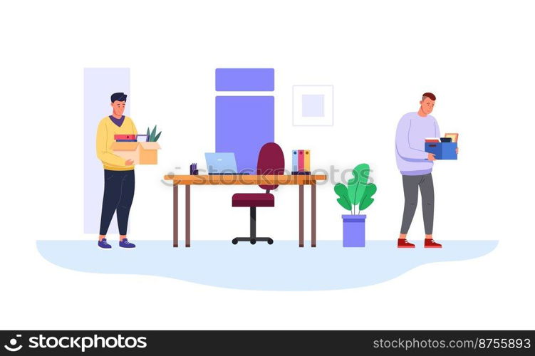 Employee turnover. Jobless man leaving office company, staff replace change replaced employees, dismissed worker, replacement workplace two managers, vector illustration. Employee fired and jobless. Employee turnover. Jobless man leaving office company, staff replace change replaced employees, dismissed resign worker, replacement workplace two managers, vector illustration