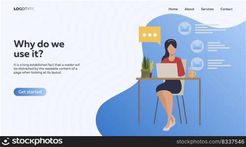 Employee using laptop and speaking. Woman sitting at workplace, computer, video call vector illustration. Business, work on project concept for banner, website design or landing web page