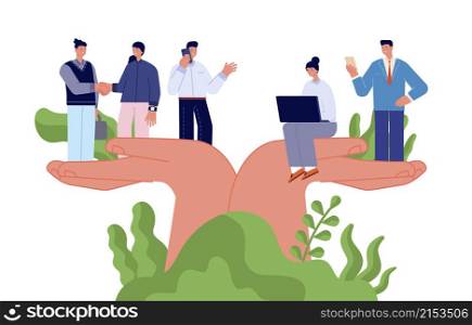 Employee wellbeing. Corporate protection, benefits caring business people. Giant hands holding tiny workers, professional care vector. Illustration professional comfortable company, career employee. Employee wellbeing. Corporate protection, benefits caring business people. Giant hands holding tiny workers, professional care utter vector concept