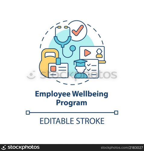 Employee wellbeing program concept icon. Reduce health care cost. Employee engagement abstract idea thin line illustration. Isolated outline drawing. Editable stroke. Arial, Myriad Pro-Bold fonts used. Employee wellbeing program concept icon