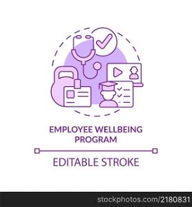 Employee wellbeing program purple concept icon. Fitness classes. Employee engagement abstract idea thin line illustration. Isolated outline drawing. Editable stroke. Arial, Myriad Pro-Bold fonts used. Employee wellbeing program purple concept icon