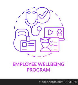 Employee wellbeing program purple gradient concept icon. Improve workers health and wellness abstract idea thin line illustration. Health screening. Isolated outline drawing. Myriad Pro-Bold font used. Employee wellbeing program purple gradient concept icon