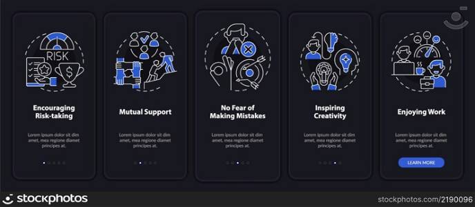 Employee wellness importance night mode onboarding mobile app screen. Walkthrough 5 steps graphic instructions pages with linear concepts. UI, UX, GUI template. Myriad Pro-Bold, Regular fonts used. Employee wellness importance night mode onboarding mobile app screen