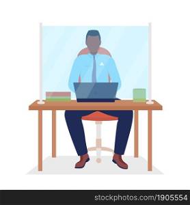 Employee with shield on desk semi flat color vector character. Sitting figure. Full body person on white. After covid isolated modern cartoon style illustration for graphic design and animation. Employee with shield on desk semi flat color vector character