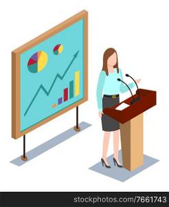 Employee woman standing near tribune with microphone discussing graph report. Graphical analysis and business statistics information on board 3d isometric. Worker researching growth arrow vector. Speaker Speech about Growth Plan on Board Vector