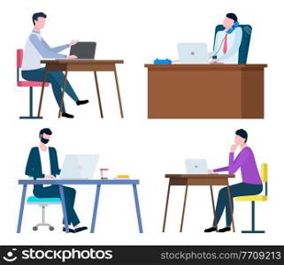 Employee working with computer, professional consultation. Men workers communication with laptop, broker collaboration, consultant on workplace vector. Workers Consultation, People in Office Vector
