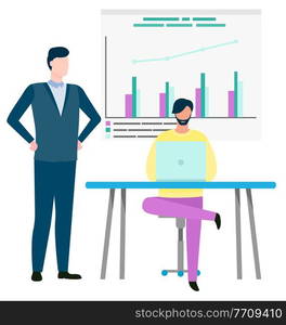 Employee working with laptop, graph report on board. Manager and worker cooperation, broker collaboration, man on workplace, business strategy vector. Business Teamwork, Workers with Laptop Vector