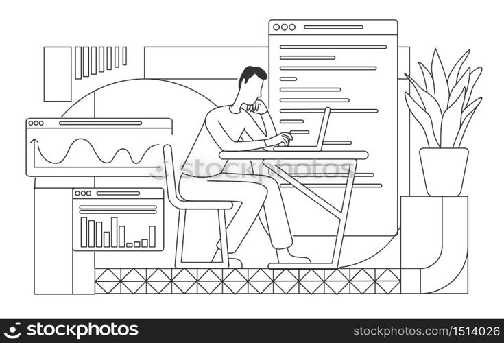 Employee writing financial report thin line vector illustration. Busy young analyst working at computer outline character on white background. Business analysis specialist simple style drawing