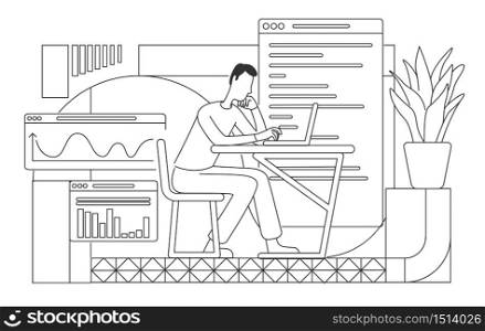 Employee writing financial report thin line vector illustration. Busy young analyst working at computer outline character on white background. Business analysis specialist simple style drawing