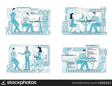 Employees at work flat silhouette vector illustrations set. Workers with computers in office outline characters on white background. Business people discussing project simple style drawings pack