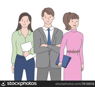 Employees closeup view, drawing people in suit holding documents, business colleagues, successful teamwork, professional man and woman, corporate vector. Man and Woman Closeup View, People Employee Vector