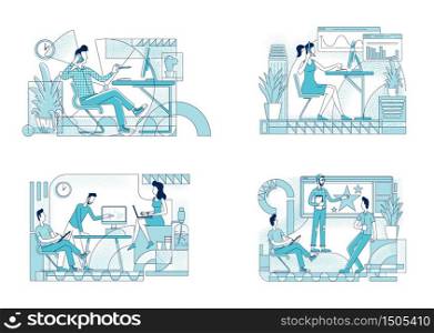 Employees coworking flat silhouette vector illustrations set. Graphic designers team, call center worker outline characters on white background. Planning business strategy simple style drawings pack