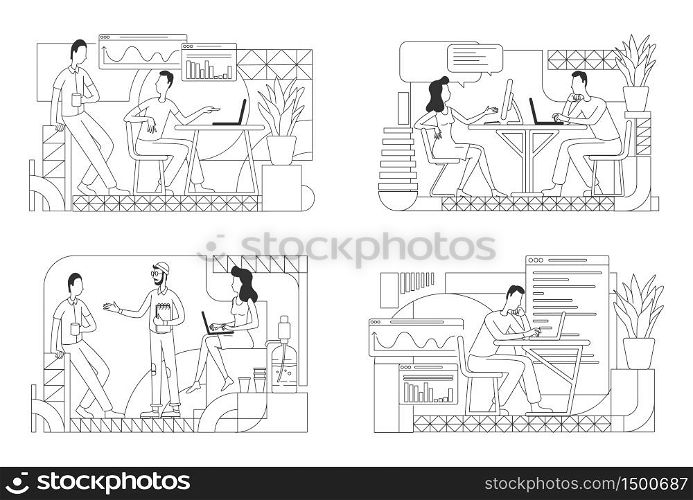 Employees coworking thin line vector illustrations set. Office workers collaboration and communication outline characters on white background. People working on project simple style drawing collection