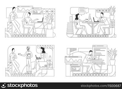 Employees coworking thin line vector illustrations set. Office workers collaboration and communication outline characters on white background. People working on project simple style drawing collection
