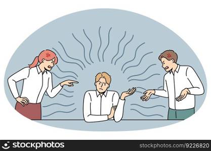 Employees fight quarrel with selfish male colleague in office. Coworkers or businesspeople work argue in unhealthy workplace environment. Teamwork problems. Vector illustration.. Employees fight with selfish male colleague