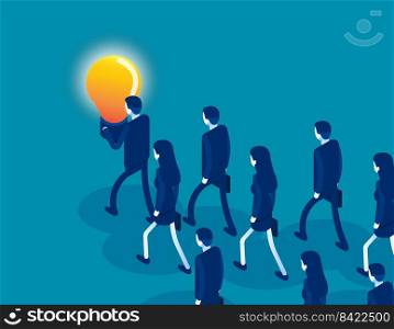 Employees follow the manager holding a bright light bulb. Isometric business vector illustration