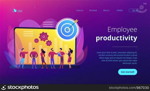 Employees get organizational goals and feedback. Performance management, management software, employee productivity and performance tracking concept. Website vibrant violet landing web page template.. Performance management concept landing page.