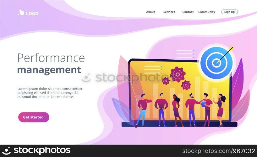 Employees get organizational goals and feedback. Performance management, management software, employee productivity and performance tracking concept. Website vibrant violet landing web page template.. Performance management concept landing page.