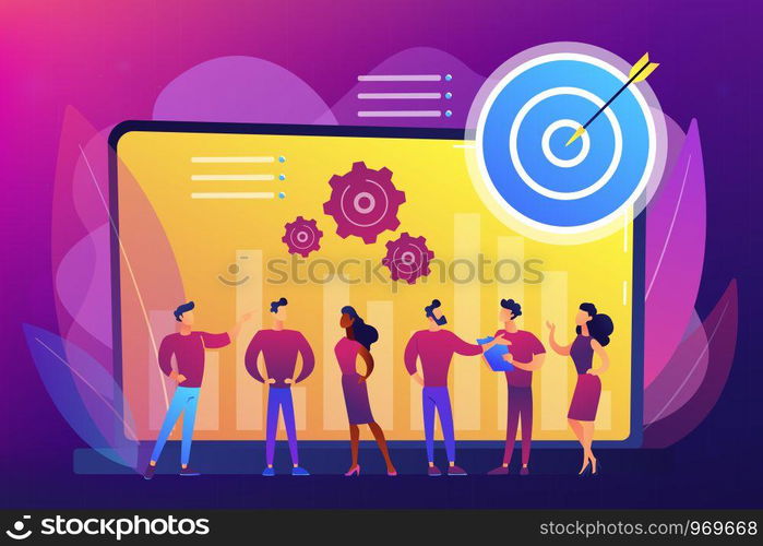 Employees get organizational goals and feedback. Performance management, management software, employee productivity and performance tracking concept. Bright vibrant violet vector isolated illustration. Performance management concept vector illustration.