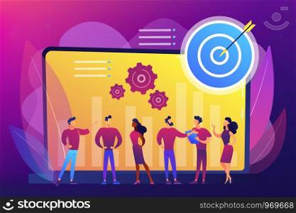 Employees get organizational goals and feedback. Performance management, management software, employee productivity and performance tracking concept. Bright vibrant violet vector isolated illustration. Performance management concept vector illustration.