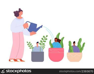 Employees growth. Mentorship concept, manager watering young team. People sit in pots with plants and boss, business group development vector scene. Illustration of employee mentorship. Employees growth. Mentorship concept, manager watering young team. People sit in pots with plants and boss, business group development vector scene