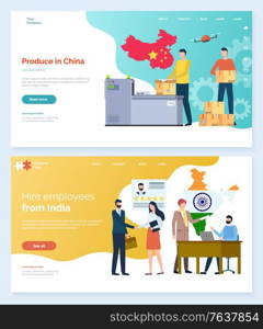 Employees hiring in India vector, indian staff and production in china. Chinese flag, people interaction, multi national company workers. Website or webpage template, landing page flat style. Produce in China and Hire People From India Set