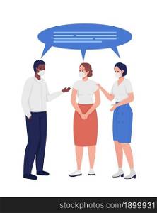 Employees in face masks talking semi flat color vector characters. Standing figures. Full body people on white. New normal isolated modern cartoon style illustration for graphic design and animation. Employees in face masks talking semi flat color vector characters