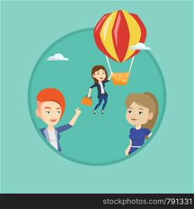Employees looking at their successful colleague. Hardworking worker flying away in a balloon from her less successful colleagues. Vector flat design illustration in the circle isolated on background.. Business woman hanging on balloon.