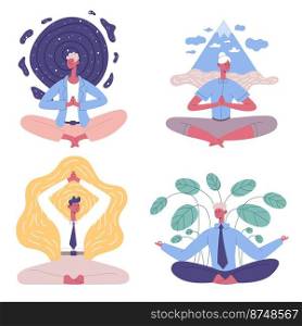 Employees meditating in yoga lotus pose. Man and woman office workers practicing yoga, sitting in zen position relieving stress. People having balance and concentration at works vector set. Employees meditating in yoga lotus pose. Man and woman office workers practicing yoga, sitting in zen position relieving stress