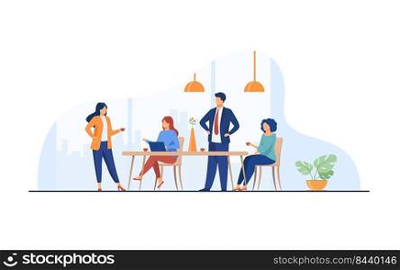 Employees meeting in office kitchen and drinking coffee. Team of workers talking during coffee break. Vector illustration for teamwork, lunch, corporate communication concept