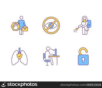 Employees protection RGB color icons set. Human performance and productivity. Equal rights. Information security. Blind people sign. PPE. Anonymous face. Voice commands. Isolated vector illustrations. Employees protection RGB color icons set