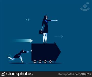 Employees push forward arrow and boss standing at on arrow. Concept buisness illustration. Vector success.