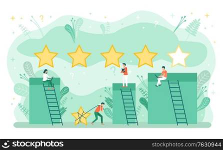 Employees quality, column with stairs, star sign. Man and woman communication with computer, teamwork success, company reputation, service. Vector illustration in flat cartoon style. Get Best Service for Business, Quality Vector