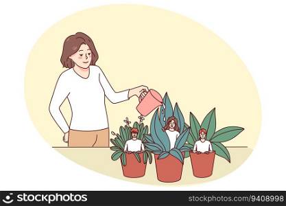 Employees sit in small pots and mana≥r watering them. Boss or≤ader help workers to growth. Concept of mentorship and development. Vector illustration.. Mana≥r watering small employees in pots