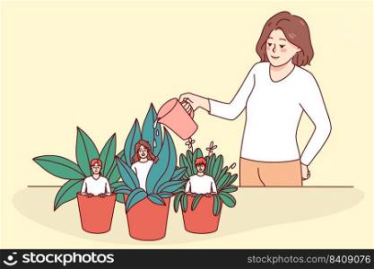 Employees sit in small pots and manager watering them. Boss or leader help workers to growth. Concept of mentorship and development. Vector illustration.. Manager watering small employees in pots