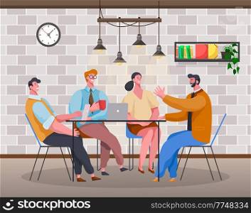 Employees sits at table in office. Discussion of news, projects, brainstorming, gossip. Bearded man tells and gestures. Listeners and group leader. Office space, brick walls, clocks, ceiling lights. Office colleagues sits at table in modern office. Project discussions, brainstorming, coffee break