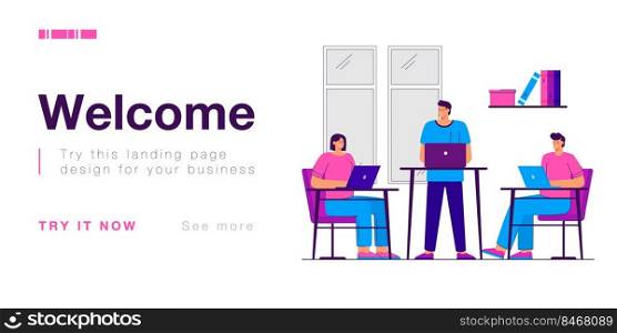 Employees sitting and standing at computer desks in office. Cartoon men and women in ergonomic work space flat vector illustration. Ergonomic workplace or furniture concept for banner or landing page