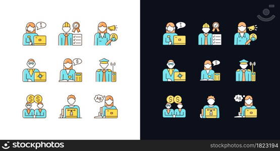 Employees team light and dark theme RGB color icons set. Accountant. Sales epresentative. Team of workers. Isolated vector illustrations on white and black space. Simple filled line drawings pack. Employees team light and dark theme RGB color icons set