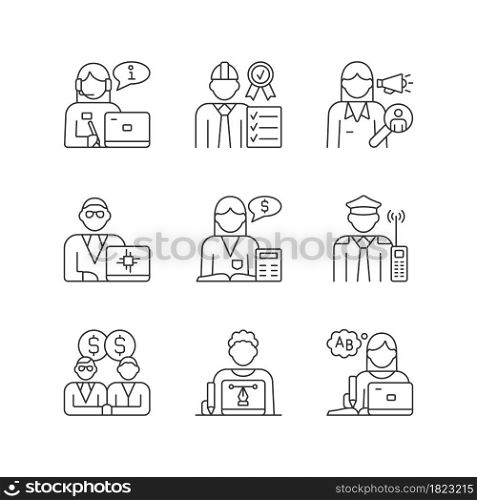 Employees team RGB linear icons set. Security guard. Staff of organization. Team of workers.Customizable thin line contour symbols. Isolated vector outline illustrations. Editable stroke. Employees team RGB linear icons set