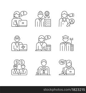 Employees team RGB linear icons set. Security guard. Staff of organization. Team of workers.Customizable thin line contour symbols. Isolated vector outline illustrations. Editable stroke. Employees team RGB linear icons set