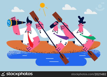 Employees team sail in boat reach shared business success or victory. Businesspeople motivated for company result or win. Teamwork and collaboration concept. Teambuilding. Vector illustration. . Employees sail in boat motivated for shared result