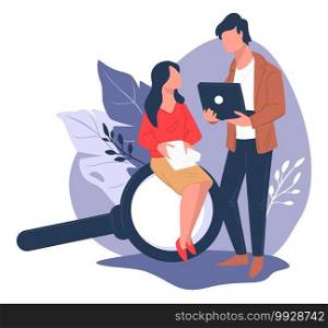 Employees thinking on business development, man and woman doing research at work. Examination and finding solution for project. People with laptops and magnifying glass, vector in flat style. Business research and planning, strategy and cooperation at work