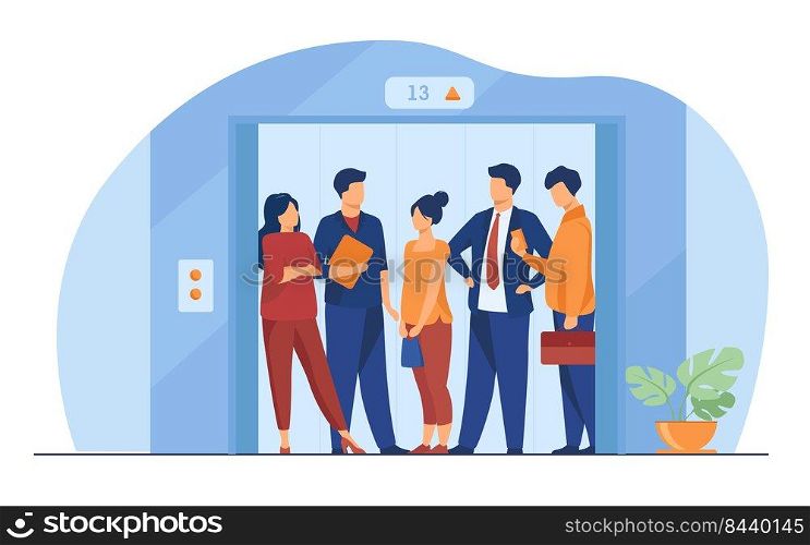 Employees using office building lift. Business people standing inside elevator cabin with open doors. Vector illustration for architecture, business interior, urban style concept