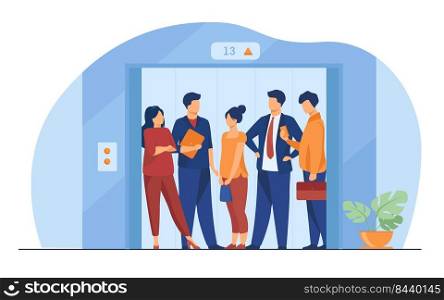 Employees using office building lift. Business people standing inside elevator cabin with open doors. Vector illustration for architecture, business interior, urban style concept